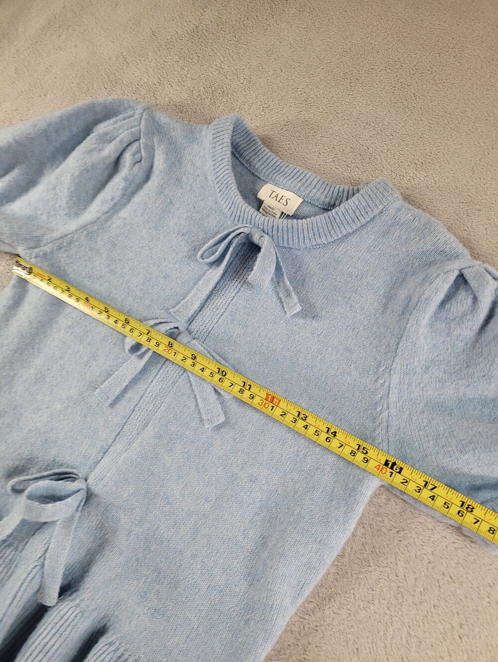 TAES Blue Knit Bow Front Peplum Top Puff Sleeve Sweater - Picture 3 of 11
